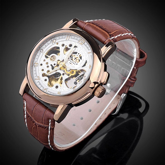 ... Mens gear watch, Brown with White face Brown Genuine Leather Band