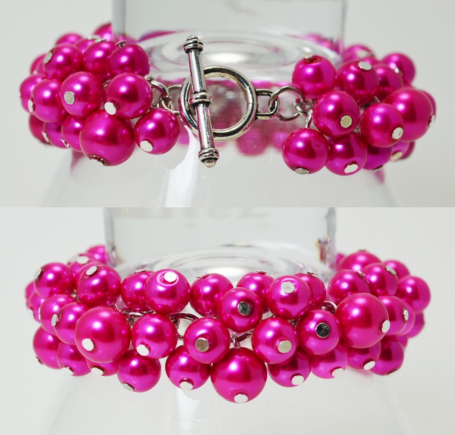 Hot Pink Pearl Bracelet Chunky Pearl Bracelet Cluster