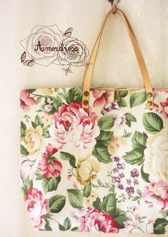 Floral Tote Bag Printed Canvas Bag Genuine Leather Strap White