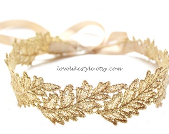 Wedding Sash,Gold Leaf Metallic Lace with Champagne Satin Sash, Bridal Sash, Bridesmaid Sash , Head Tie /GSH-06