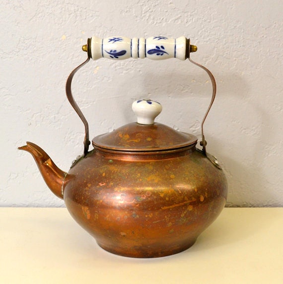 Vintage brass teapot / ceramic handle / country by VillaLuxe