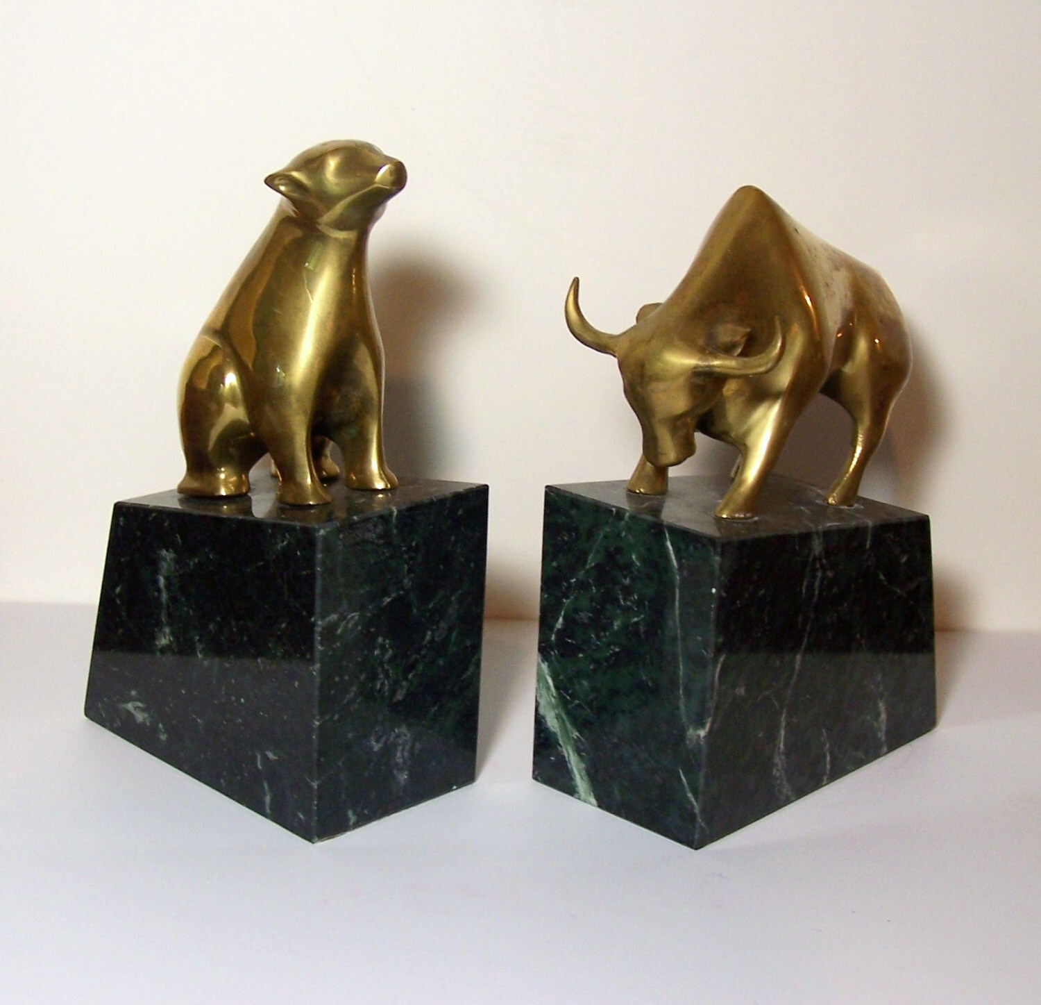 BULL & BEAR BOOKENDS Solid Brass on Green Marble For