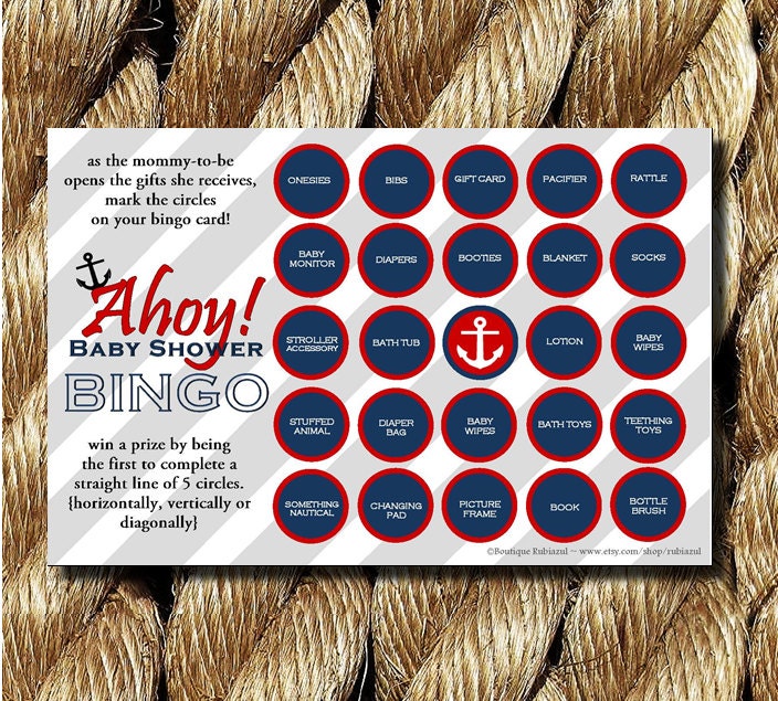 Set of 50 Ahoy Nautical Baby Shower Bingo Cards in Red by rubiazul