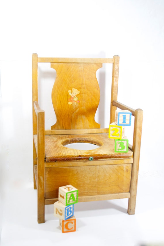 Vintage Wood Potty Training Chair Lid Garden Planter Pot Bear