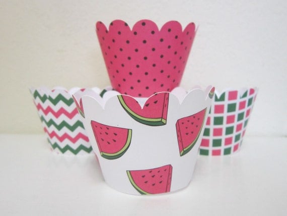 12 Pink Black Green Watermelon Cupcake Wrappers Il_570xn