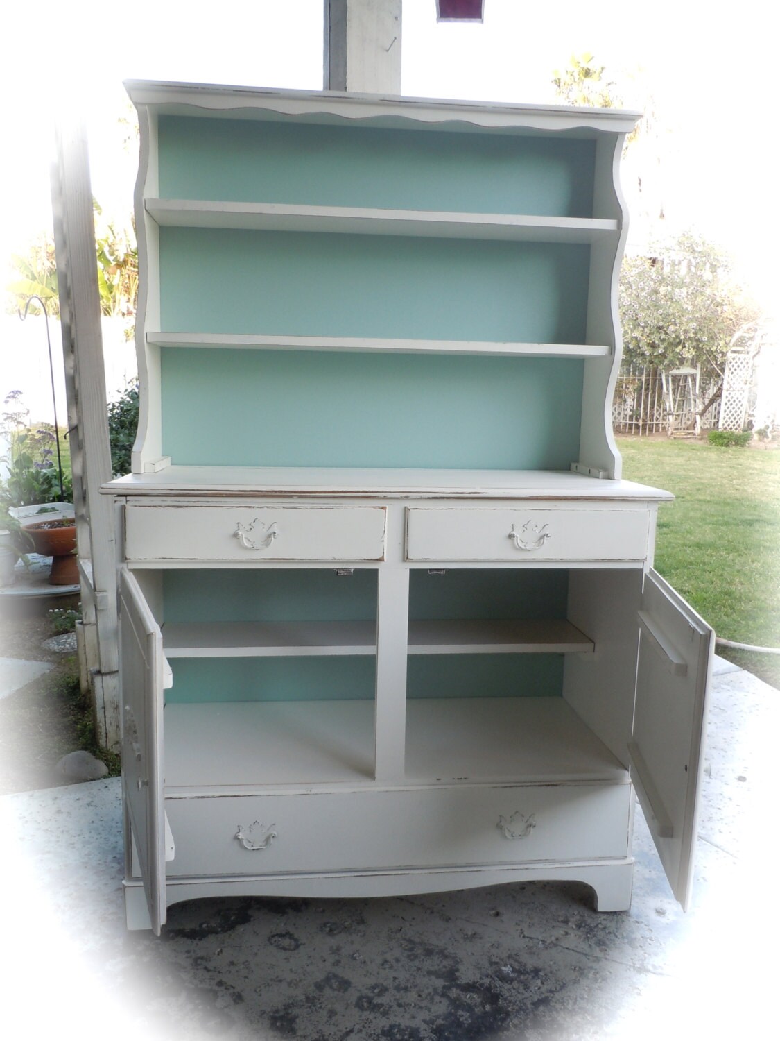Shabby Chic Hutch in White and Tiffany Blue/Country