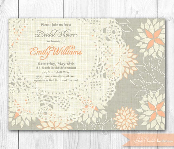 Items similar to Burlap & Lace Vintage Bridal Shower Invitation - Peach ...