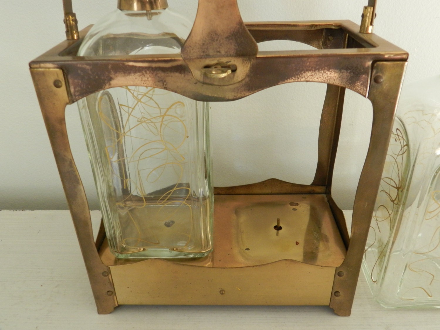 Vintage Decanter Set Tantalus Brass Holder Lock Key Mid