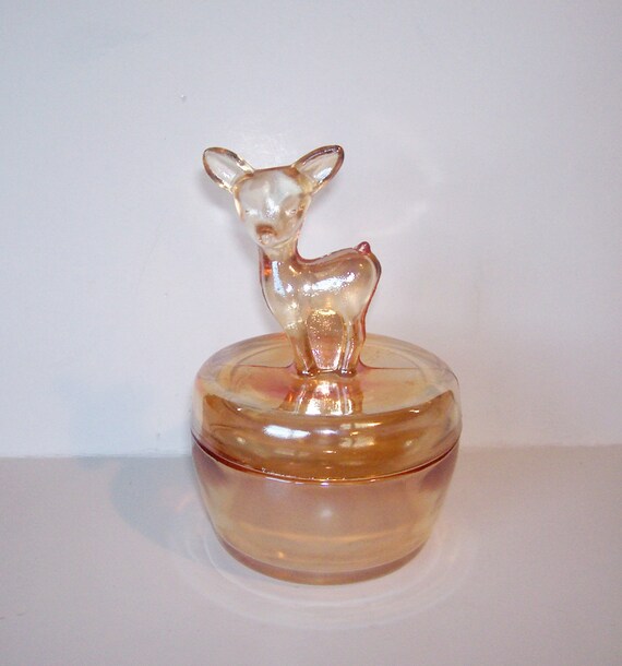 Vintage Carnival Glass Powder Dish With Deer On The Lid