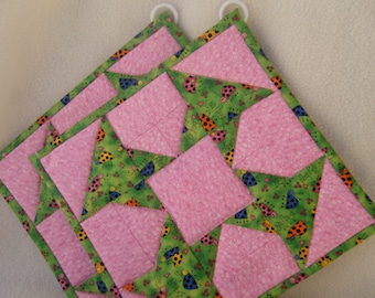 Pink and Green Quilted Potholders - Set of 2 - HANDMADE BY ME