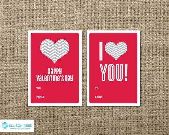 Valentine Card Printable - Valentines Day - Valentines Day Party - Heart - Cheveron - Heart Printable - Red - Gray - Love - Printable Party Il_570xn