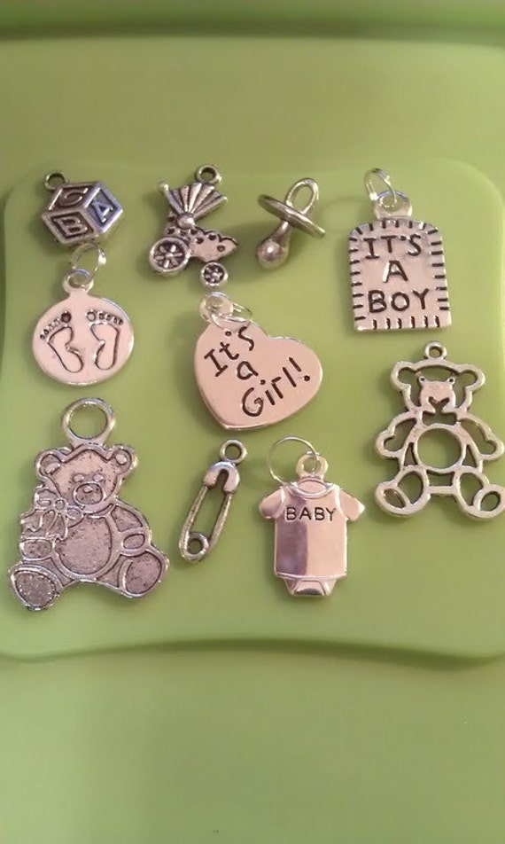 Items similar to 10 Silver Baby Charm Collection  Shower Favor Tags  Charm Bracelets  Scrap 