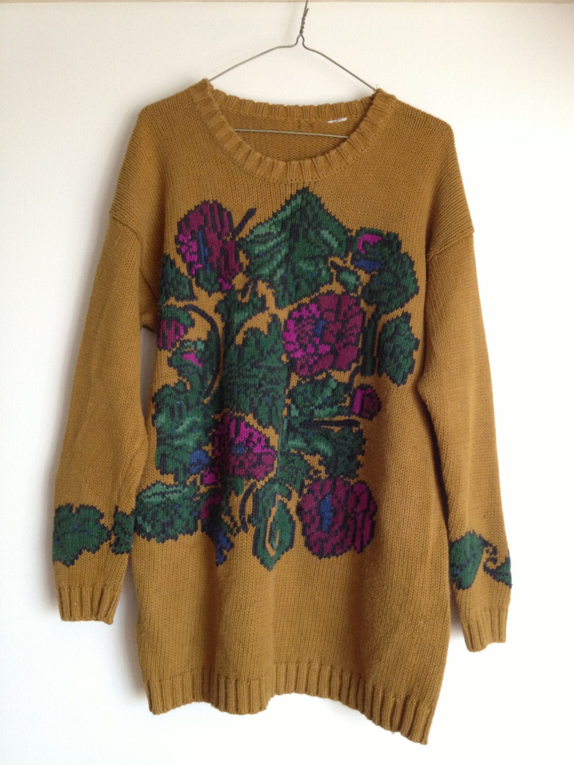 Vintage Mustard Floral Tapestry Sweater Dress 90s by borpyshop
