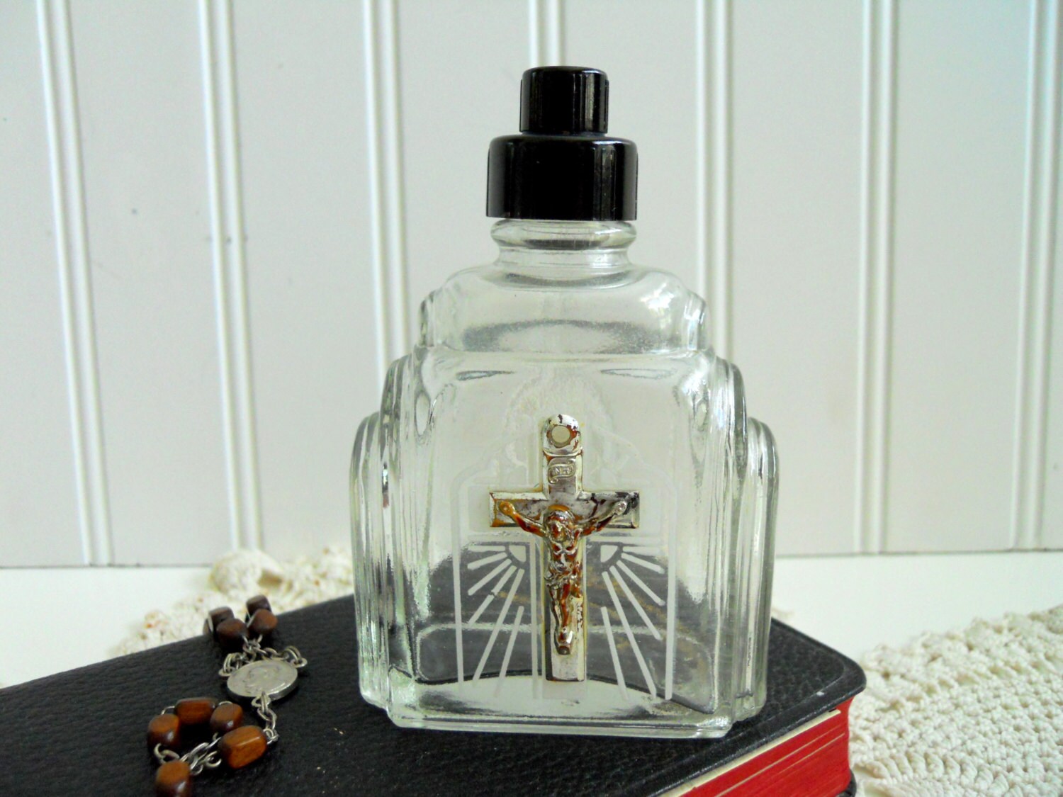 Vintage Glass Holy Water Bottle/ Cross Decor