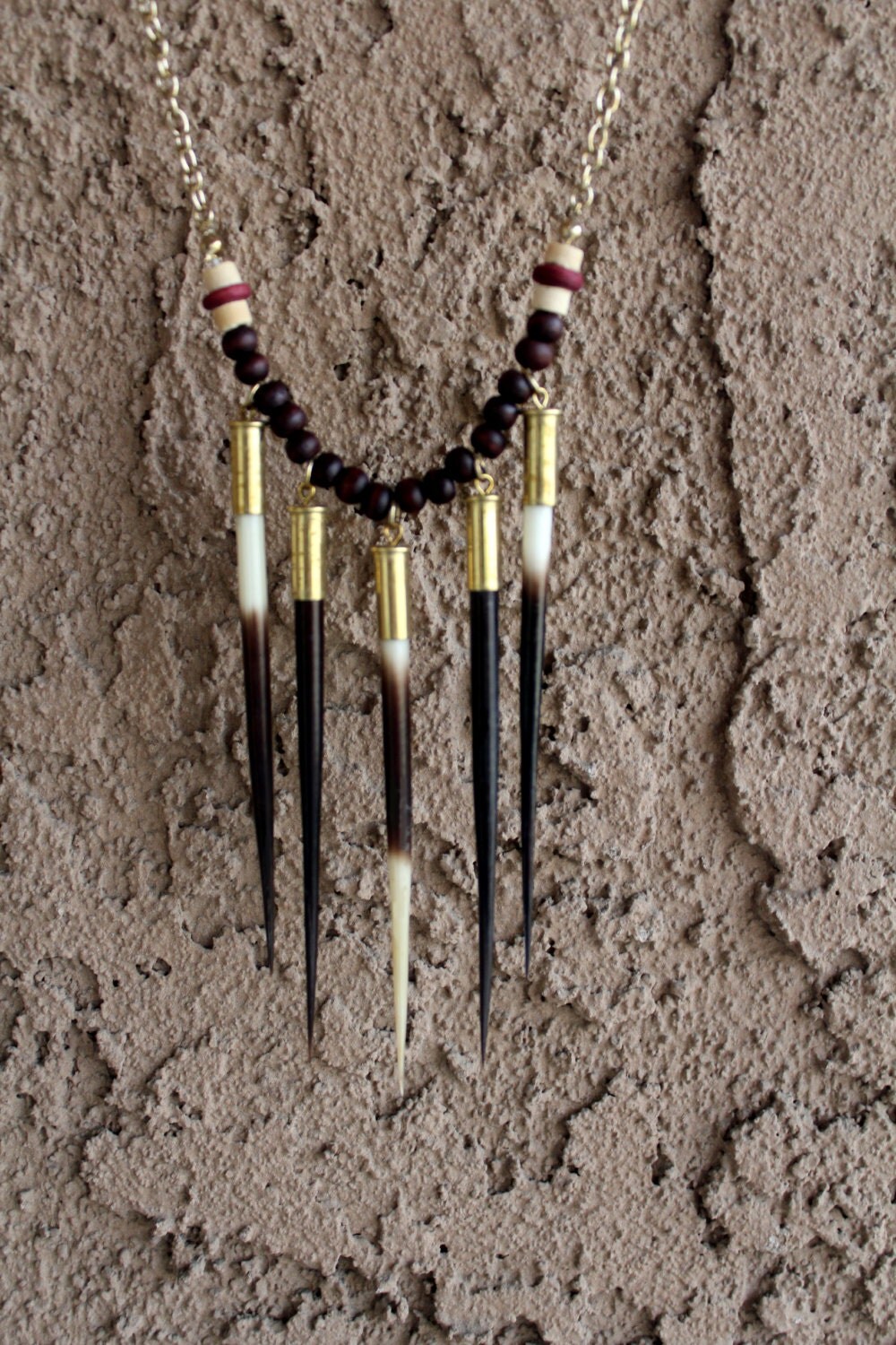Porcupine Quill & Bullet Shell Necklace with Wooden Beads