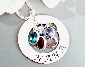 Hand Stamped Mommy, Grandmother, Nana Necklace - Personalized Mother's Day Gift - Silver with Swarovski Crystal Birthstones