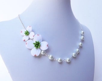 White Dogwood Flower necklace, Dogwood Asymmetrical Necklace, Dogwood Necklace, Dogwood Flower Necklace