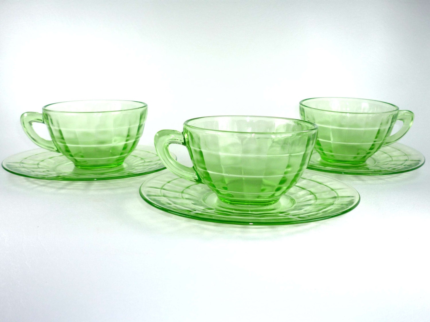 3 Green Depression Glass Cups And Saucers Block Optic By 2161