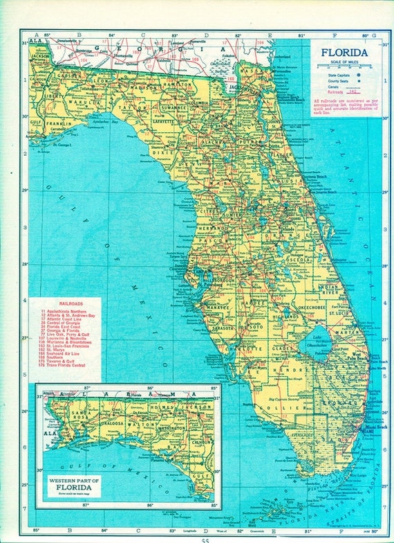 Vintage 1948 Map of Florida and Georgia Bright Yellow State