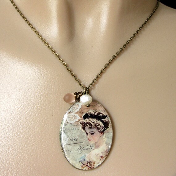 Beautiful Victorian Lady Necklace. Vintage Woman Pendant with