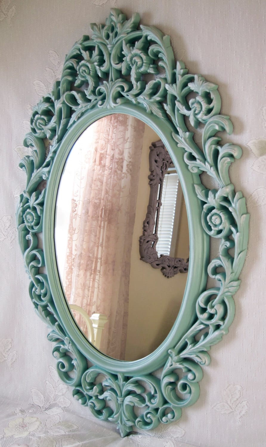 Vintage French Oval Wall Mirror Aqua Extra Large Hollywood
