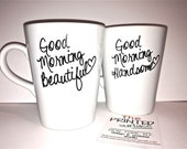 Latte mug couple set of 2 mugs set -good morning beautiful and handsome set perfect couple gift wedding gift, housewarming Gift