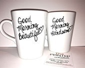 Latte mug couple set of 2 mugs set -good morning beautiful and handsome set perfect couple gift wedding gift, housewarming Gift Latte mug couple set of 2 mugs set -good morning beautiful and handsome set perfect couple gift wedding gift, housewarming Gift