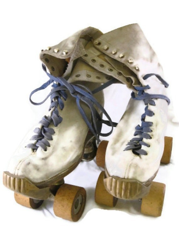 SALE Vintage White Leather Roller Skates with wooden wheels