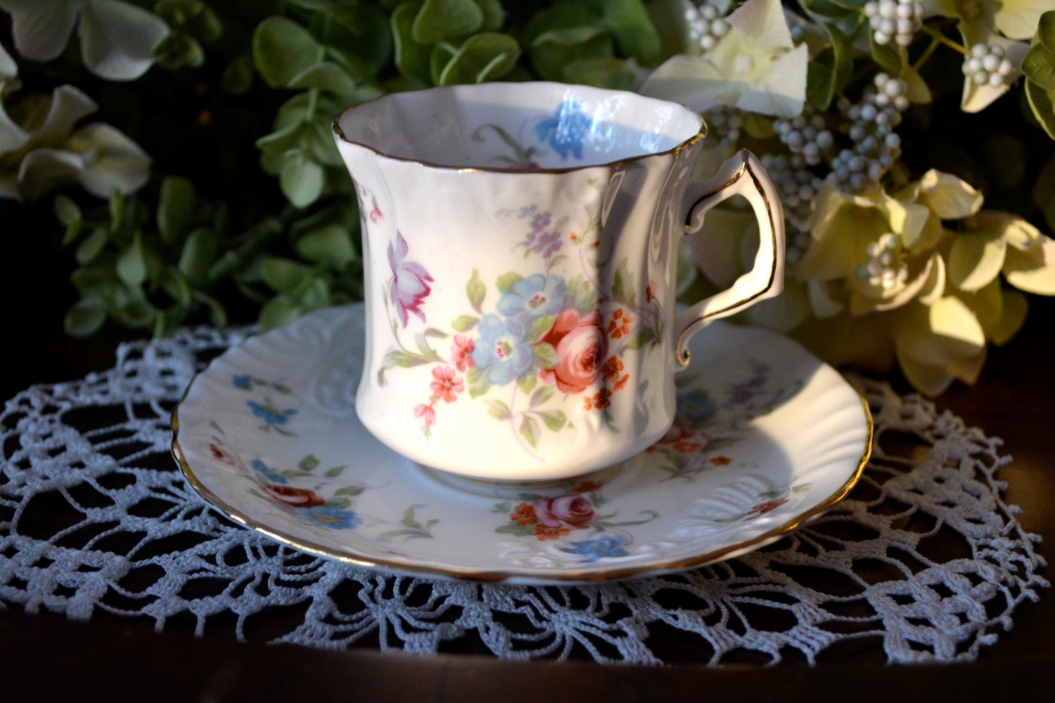 Hammersley Fine Bone China Tea Cup and Saucer, Floral and Embossed