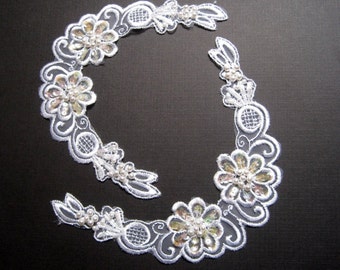 Embellished Beaded Flower Bridal Applique, White, x 2, For Bridal, Romantic, Victorian, Gothic Projects