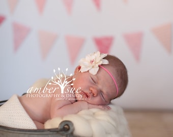 Rose and Ivory Silk Baby Flower Headband, Newborn Headband, Baby Girl Flower Headband, Photography Prop