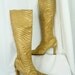 80s Timothy Hitsman boots sexy metallic leather zebra patterned brass embossed heels: US size 8