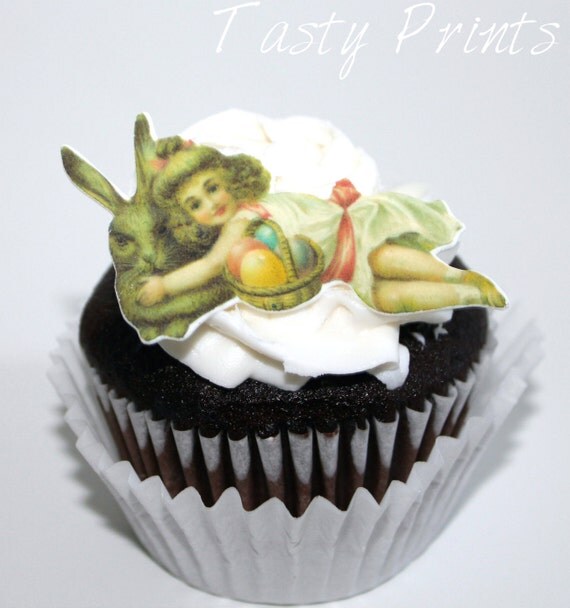 12 Easter Edible Prints - Vintage gir with Easter Bunny and basket - Easter cupcake toppers Il_570xn