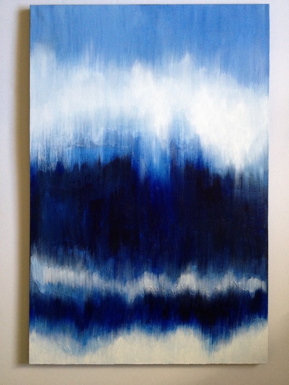 blue abstract painting, large original art on canvas, indigo, white, ikat, ombre, 24X36