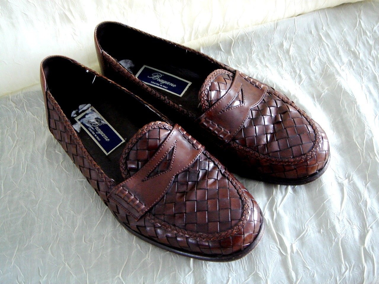 Mens Bragano Brown Woven Leather Penny Loafers Size 8 W