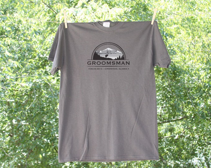 Mountain Theme Groomsman Wedding Party Shirt with Date and Location