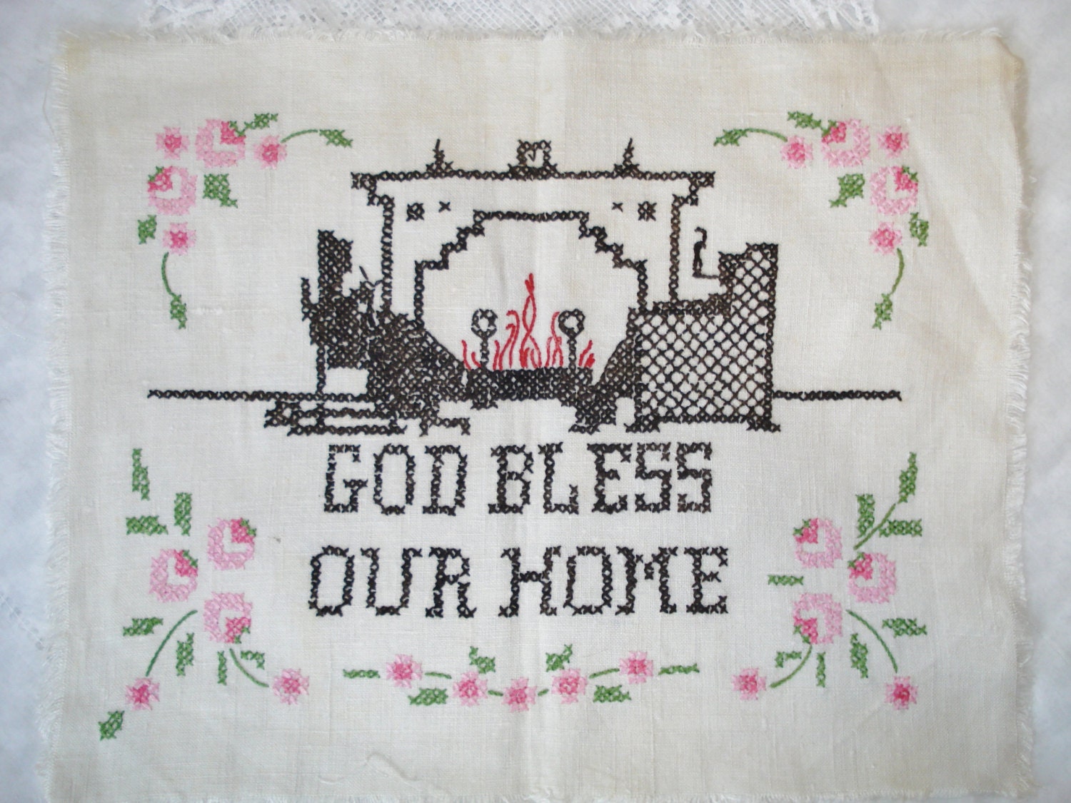 Vintage Embroidered Linen God Bless Our Home Cross Stitch