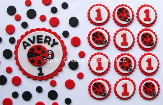 Fondant Cake, Cupcake Toppers - Ladybugs First Birthday Party Pack