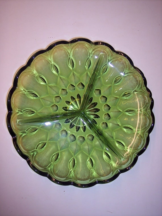 Vintage green glass relish tray divided dish by MaAndPasAttic