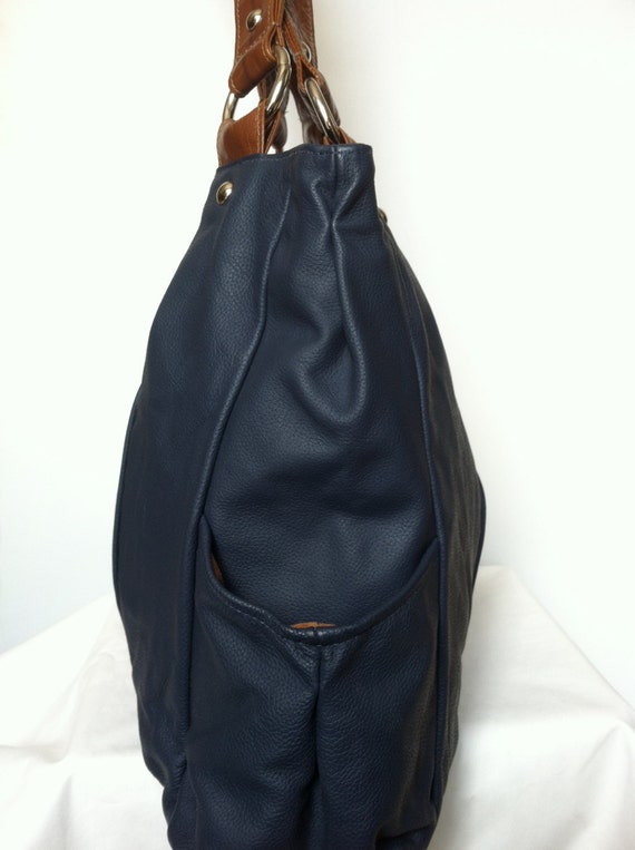 Genuine navy blue and brown leather purse tote handbag