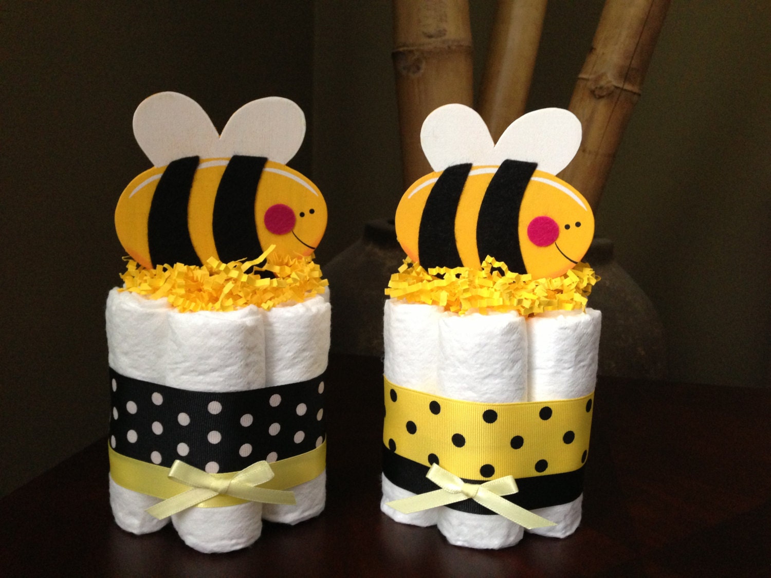 centerpiece baby diaper cake shower by Bumble Cake Bee Diaper MrsHeckelDiaperCakes Shower Baby Mini