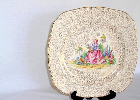 SALE Vintage Ceramic Plate Chintz Victorian Lady Scenic H&K