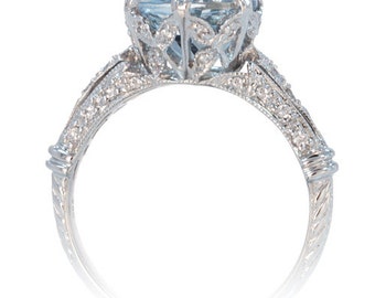 18 karat white gold 9mm round aquamarine vintage crown design engagement anniversary wedding ring - Crown Wedding Ring 18 karat white gold 9mm round aquamarine vintage crown design engagement anniversary wedding ring - Crown Wedding Ring