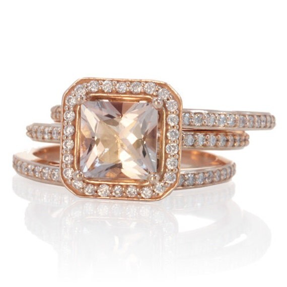 rose gold morganite ring double band bridal set 7mm cushion cut morganite halo engagement ring wedding - Rose Gold Wedding Ring Set rose gold morganite ring double band bridal set 7mm cushion cut morganite halo engagement ring wedding - Rose Gold Wedding Ring Set