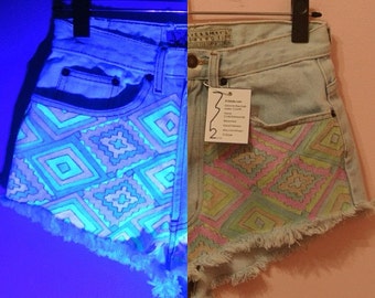 Glow-In-The-Dark Aztec Shorts (Handmade - Made to Order - Re-Purposed Vintage)