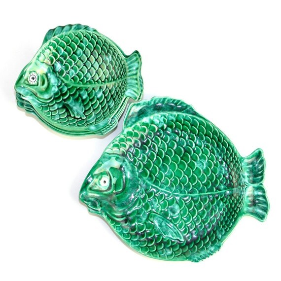 Emerald Green Fish Platter & Plate Set 5 PIECES Hand