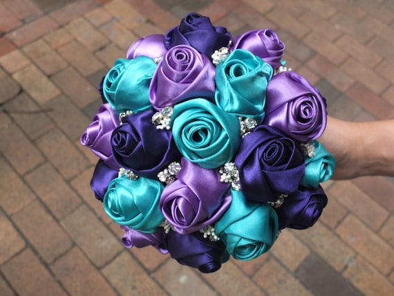 Handmade Ribbon Rose Bouquet Purple & Teal by LoveMimosaFleur