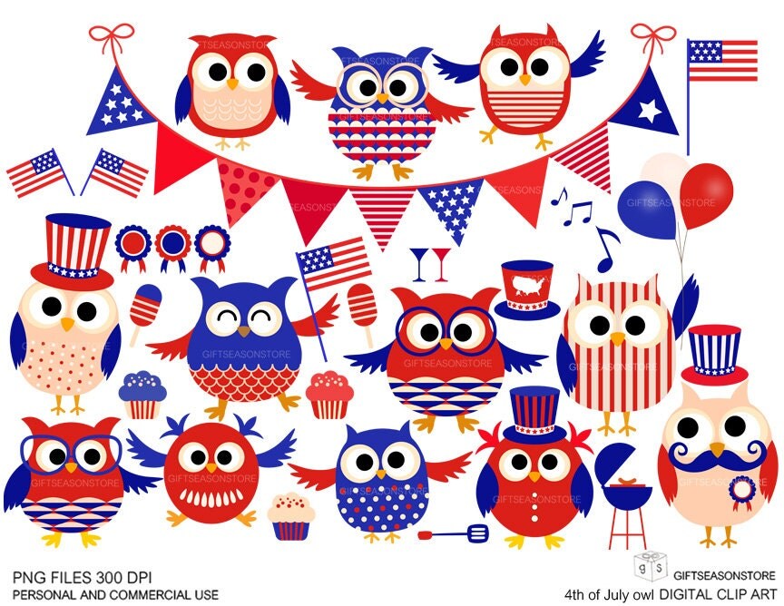 4th of July owl Digital clip art for Personal and Commercial