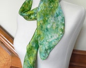 Crepe Silk Scarf Hand Dyed, Large Square in Abstract Floral Design of Green, Yellow, and Blue