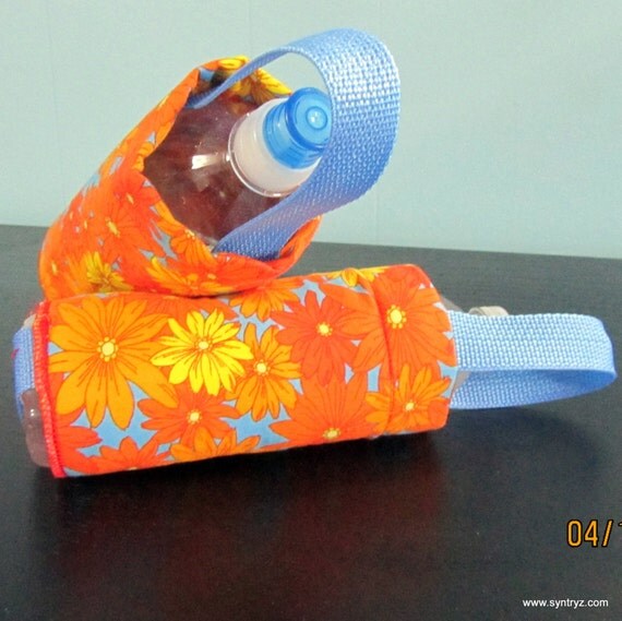 Insulated Water Bottle Cover 16oz .5L Orange Daisy Blue Handle